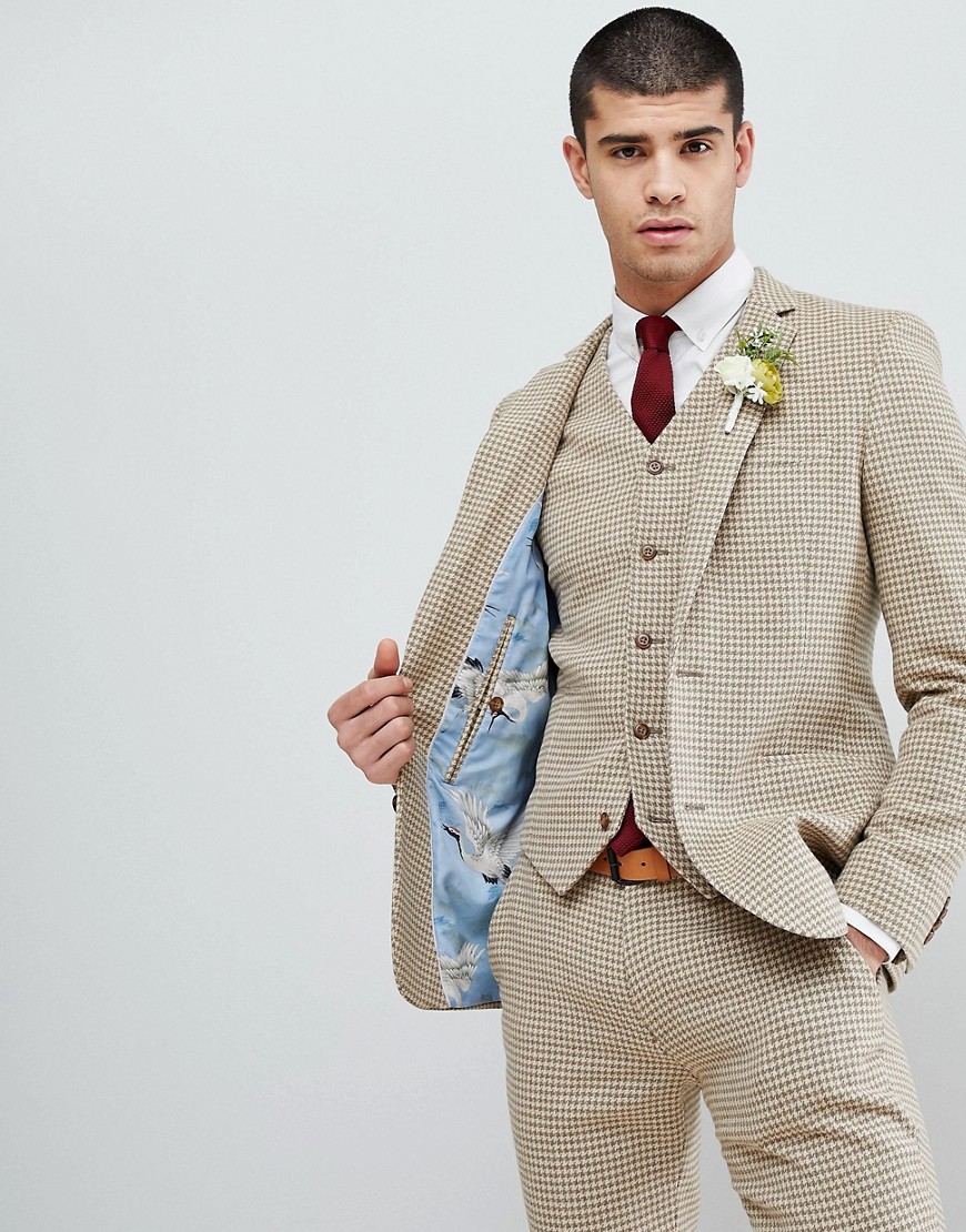 ASOS DESIGN wedding super skinny suit jacket in neutral houndstooth-Beige
