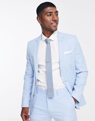 ASOS DESIGN wedding super skinny suit jacket in pastel blue micro texture