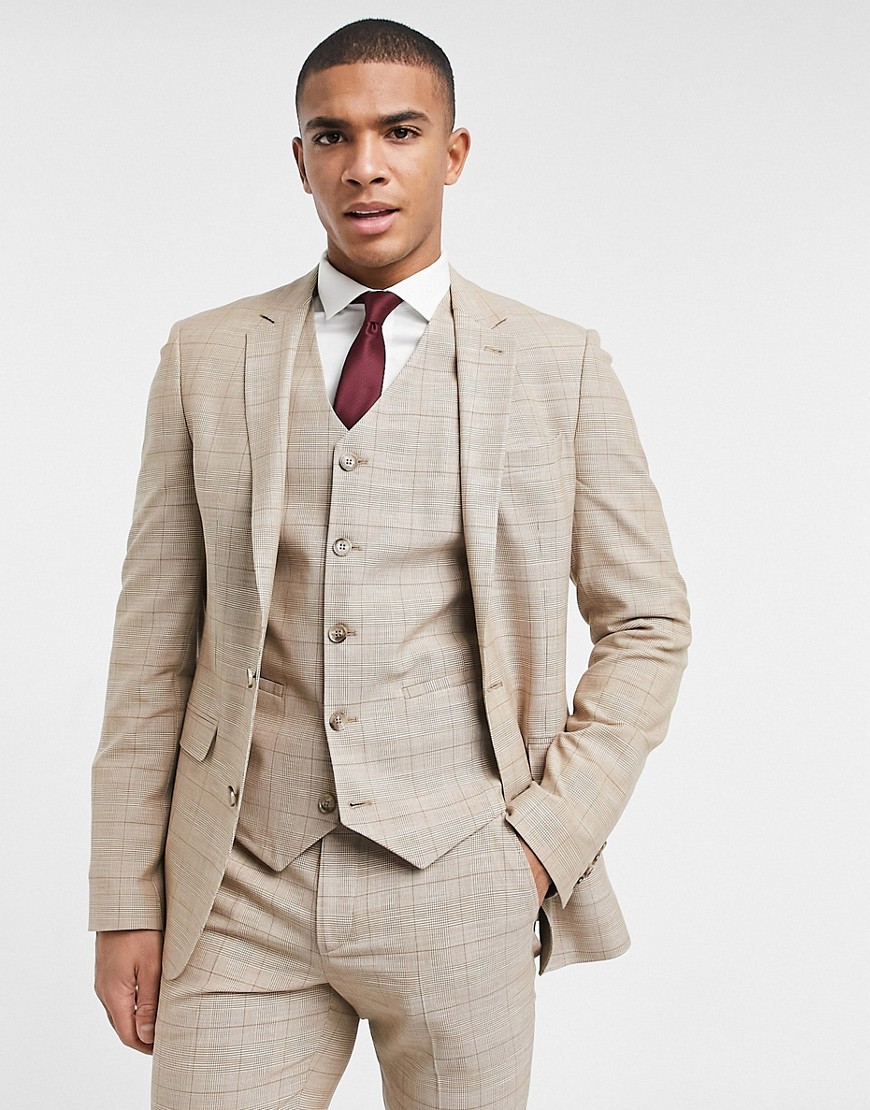 ASOS DESIGN wedding super skinny suit jacket in prince of wales check in camel-Neutral