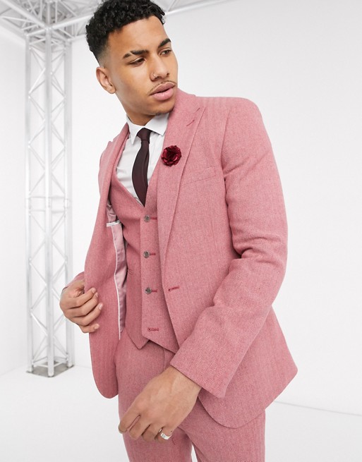 ASOS DESIGN wedding super skinny suit jacket in rose pink wool blend herringbone