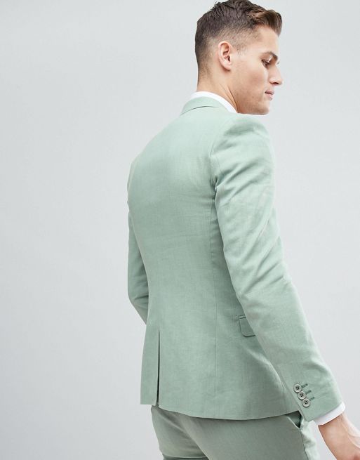 ASOS DESIGN wedding super skinny suit jacket in sage green linen