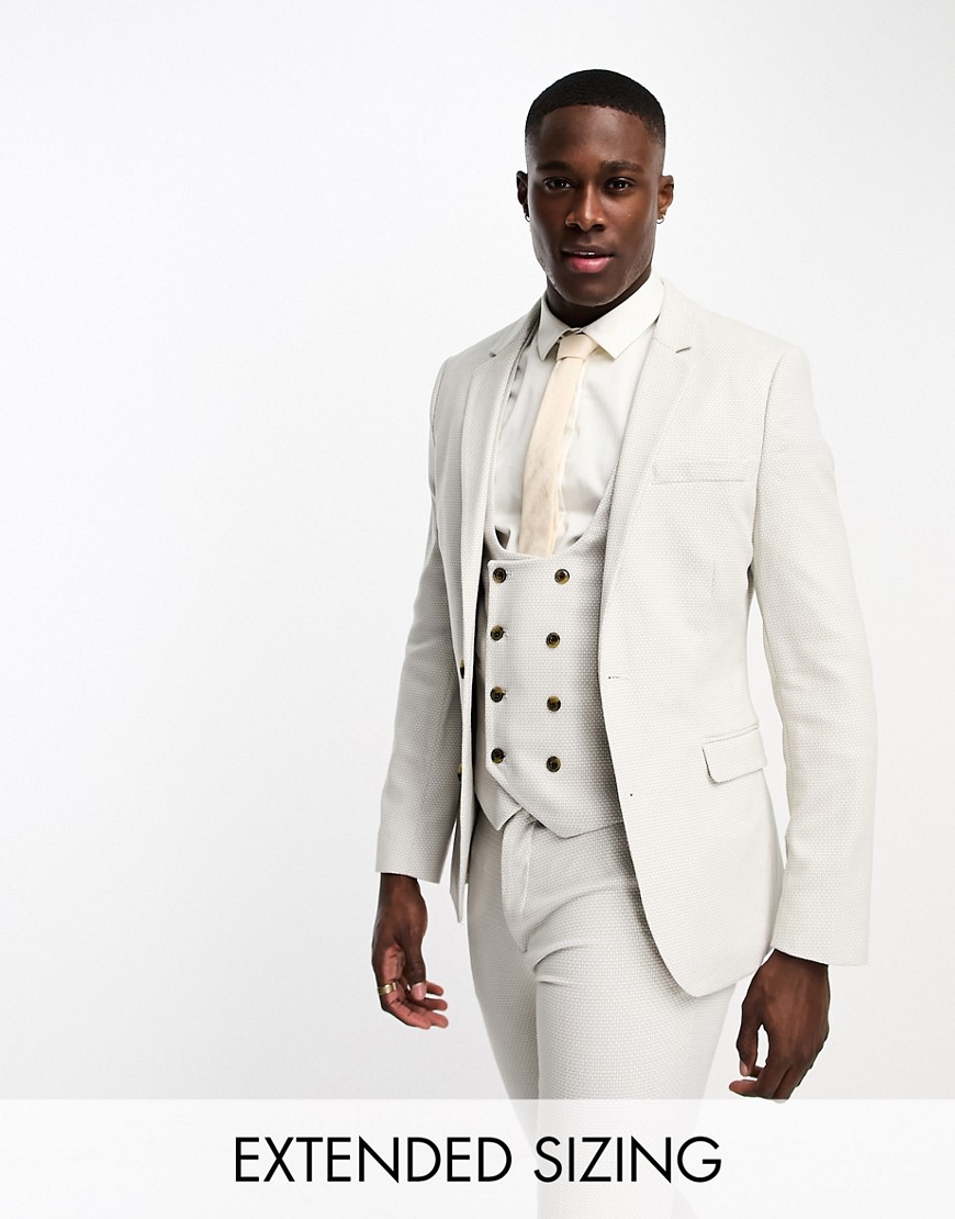 ASOS DESIGN wedding super skinny suit jacket in stone birdseye texture-Neutral