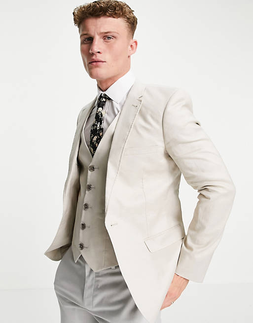 ASOS DESIGN wedding super skinny suit jacket in stone linen mix