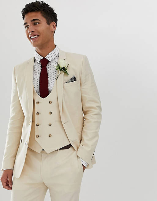 ASOS DESIGN wedding super skinny suit jacket in stone linen