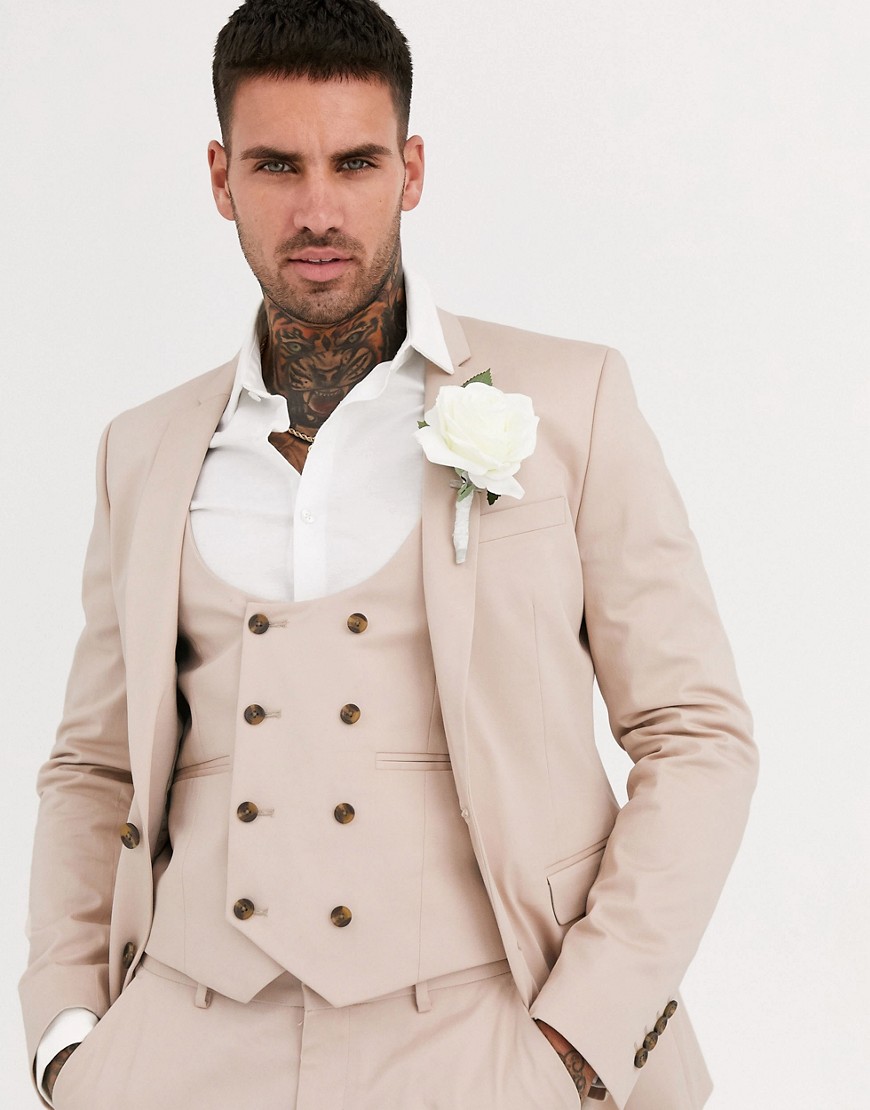 ASOS DESIGN wedding super skinny suit jacket in stone stretch cotton-Neutral