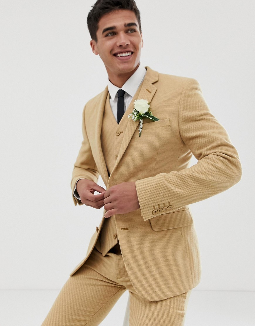 ASOS DESIGN wedding super skinny suit jacket in stone wool blend micro check-Beige