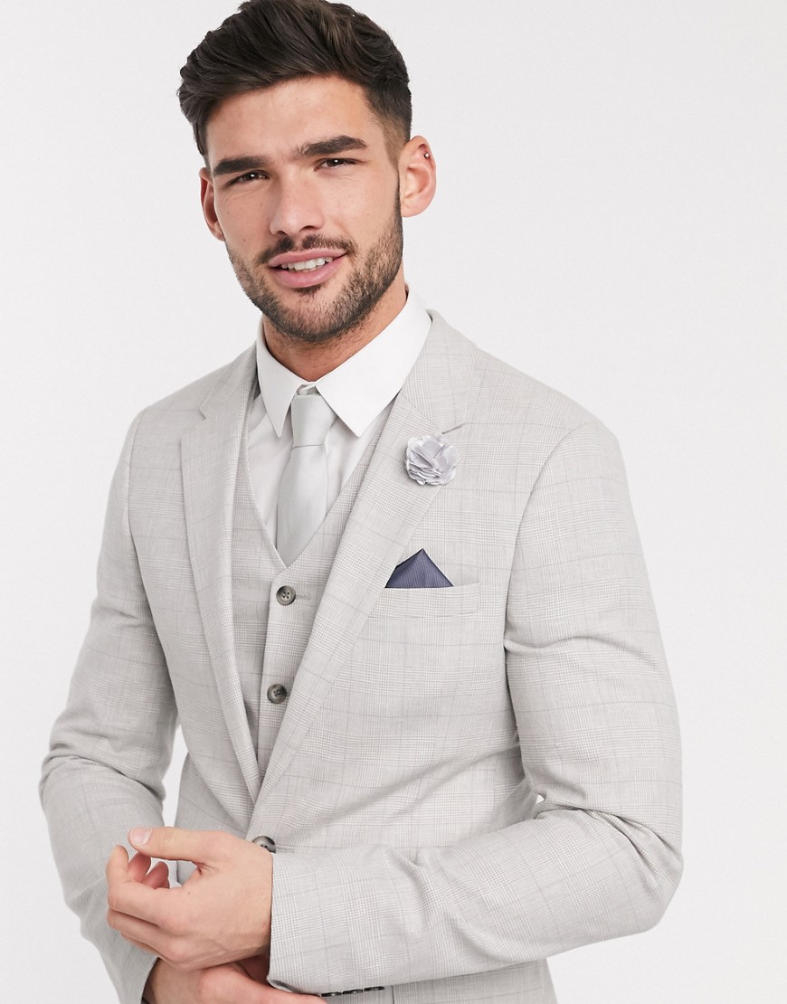 ASOS DESIGN wedding super skinny suit jacket in stretch cotton linen in grey check