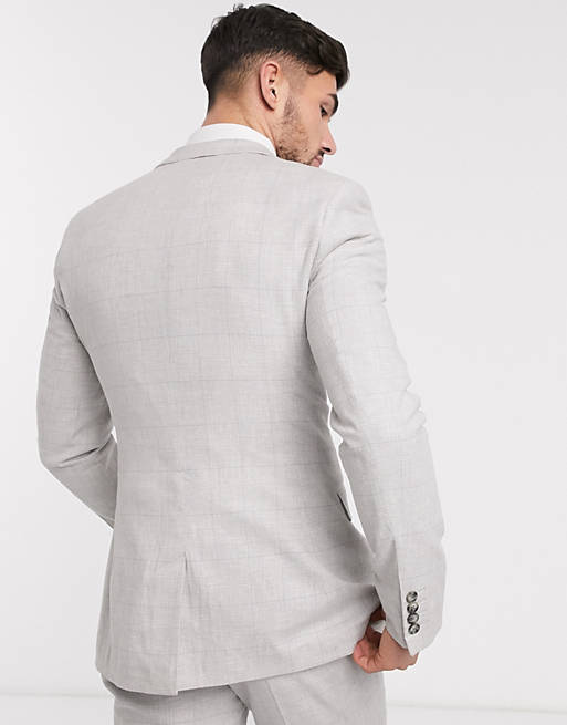  wedding super skinny suit jacket in stretch cotton linen in grey check 
