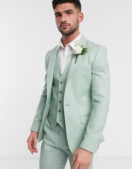 ASOS DESIGN wedding super skinny suit jacket in stretch cotton linen in mint green