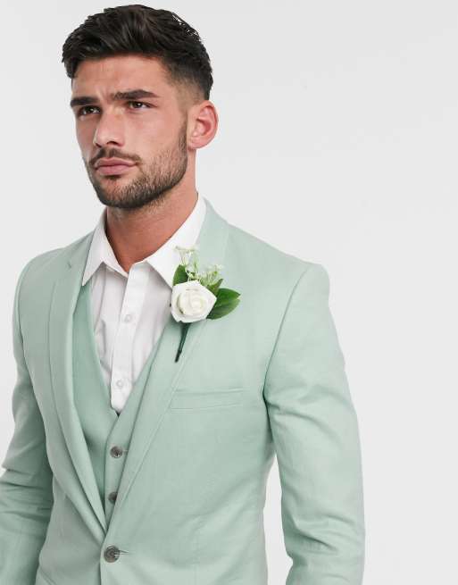 ASOS DESIGN wedding super skinny suit jacket in stretch cotton linen in  mint green