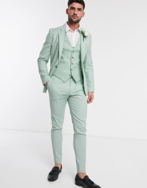 ASOS DESIGN wedding super skinny suit jacket in stretch cotton linen in  mint green