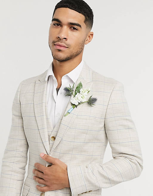 ASOS DESIGN wedding super skinny suit jacket in stretch cotton linen in stone check