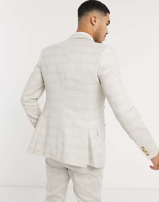 ASOS DESIGN wedding super skinny suit jacket in stretch cotton linen in stone check, 2 of 4