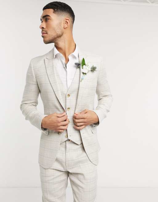 ASOS DESIGN wedding super skinny suit jacket in stretch cotton linen in stone check, 3 of 4