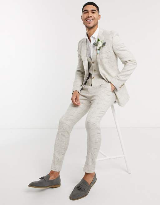 ASOS DESIGN wedding super skinny suit jacket in stretch cotton linen in stone check, 4 of 4