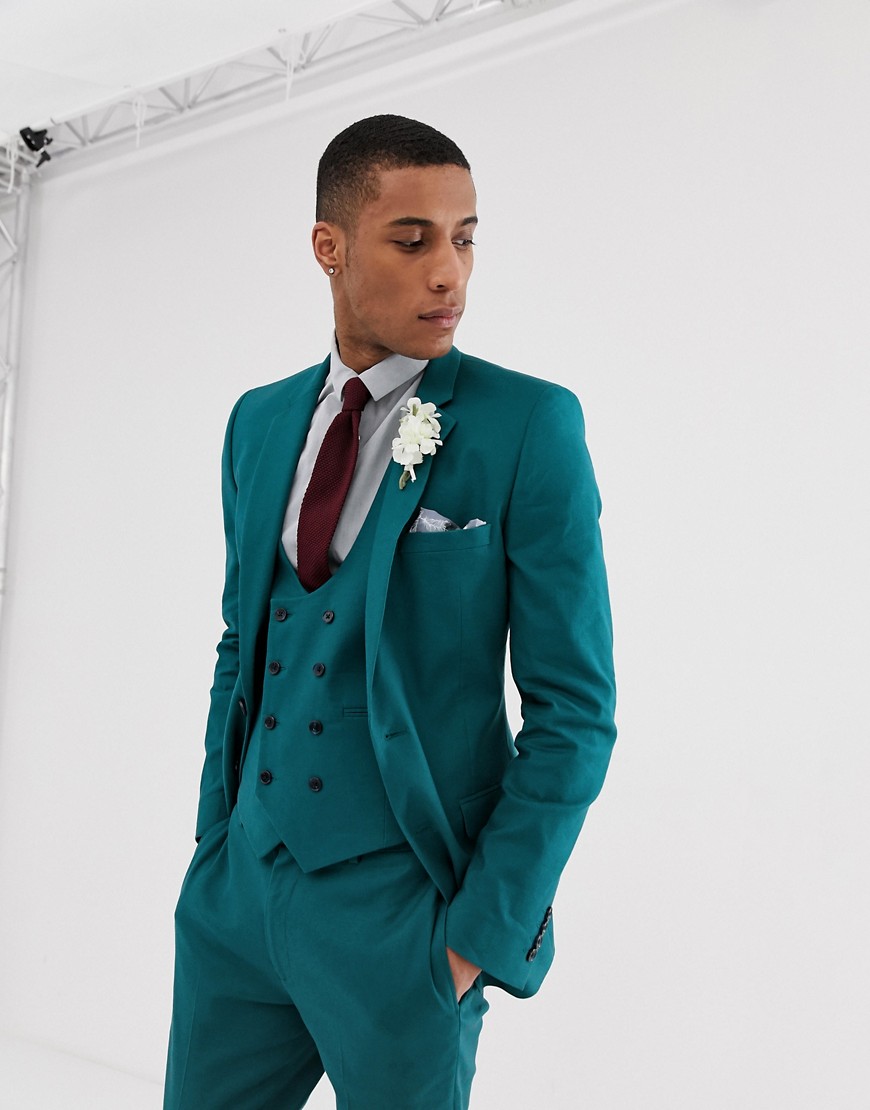 ASOS DESIGN wedding super skinny suit jacket in teal linen-Blue