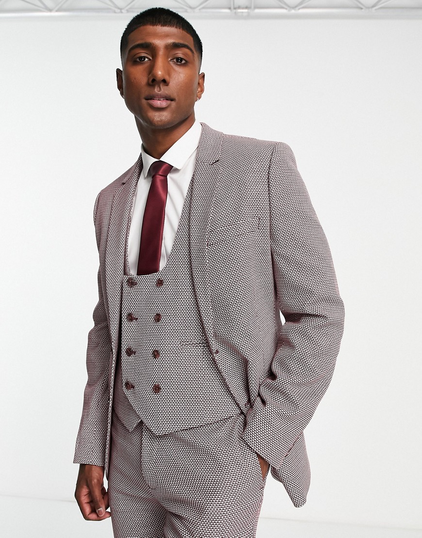 ASOS DESIGN wedding super skinny suit jacket in wine birdseye texture-Red