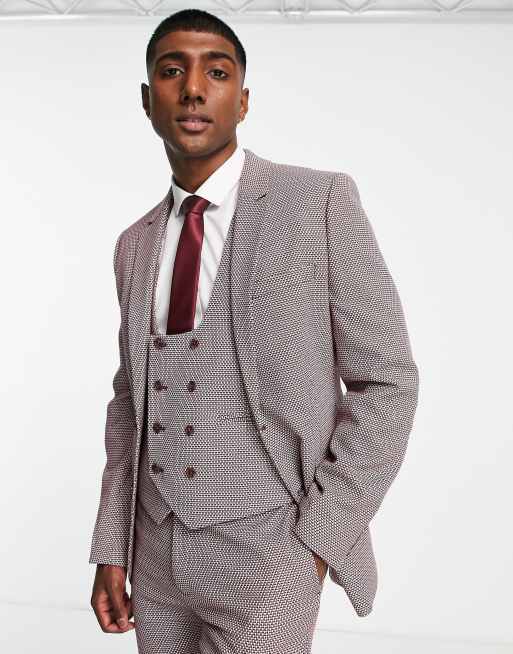 ASOS DESIGN wedding super skinny suit jacket in wine birdseye texture