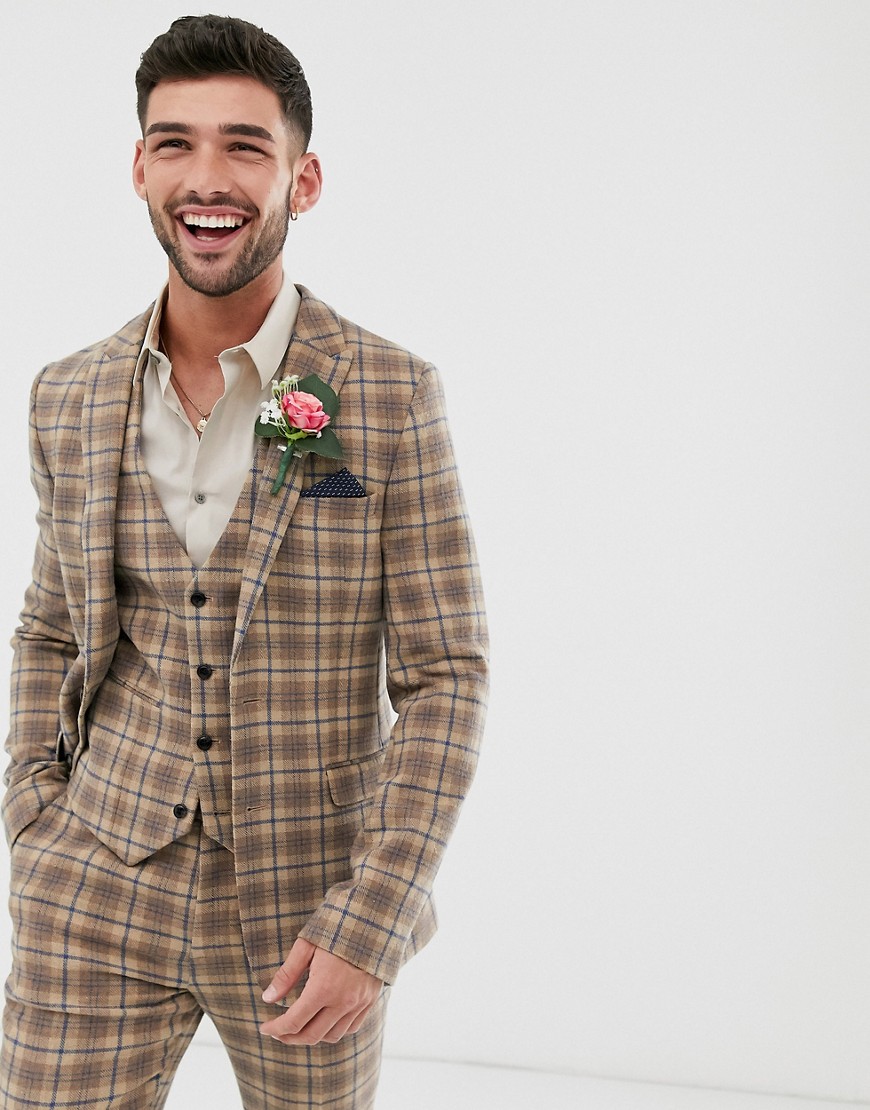 ASOS DESIGN wedding super skinny suit jacket in wool mix camel check-Neutral