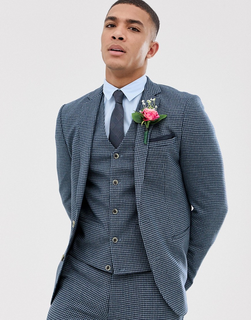 ASOS DESIGN wedding super skinny suit jacket with blue houndstooth
