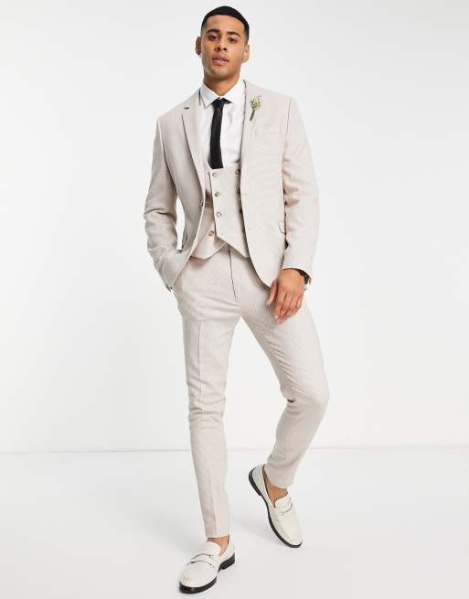 ASOS DESIGN wedding super skinny suit pants in birdseye texture in stone