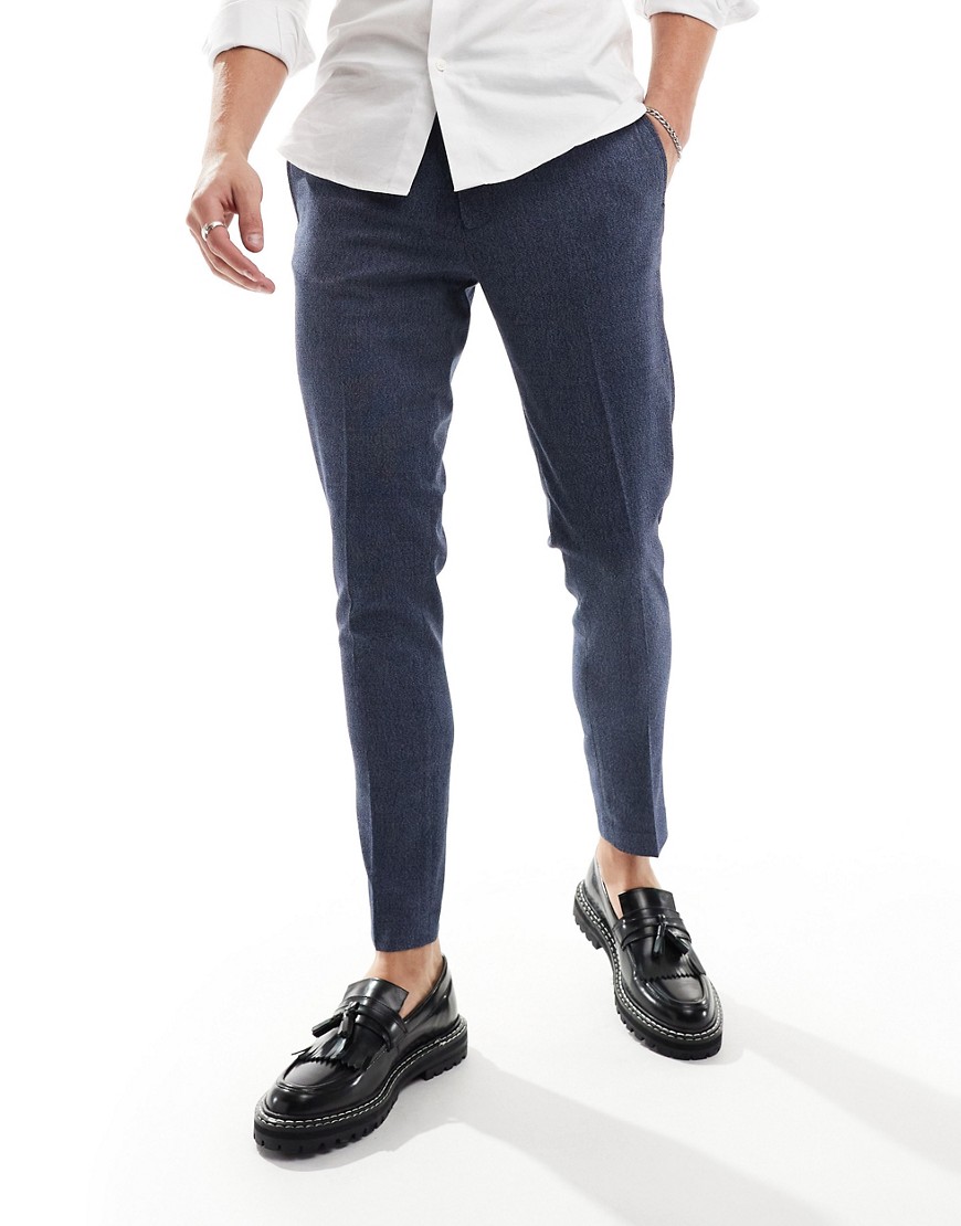 Asos Design Wedding Super Skinny Suit Pants In Dark Blue Micro Texture