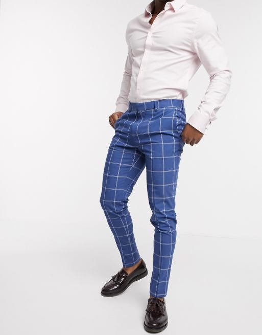 ASOS DESIGN wedding super skinny suit pants in light blue windowpane check | ASOS