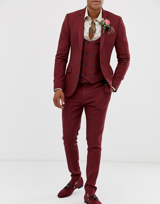 ASOS DESIGN wedding super skinny suit pants in micro texture burgundy ...