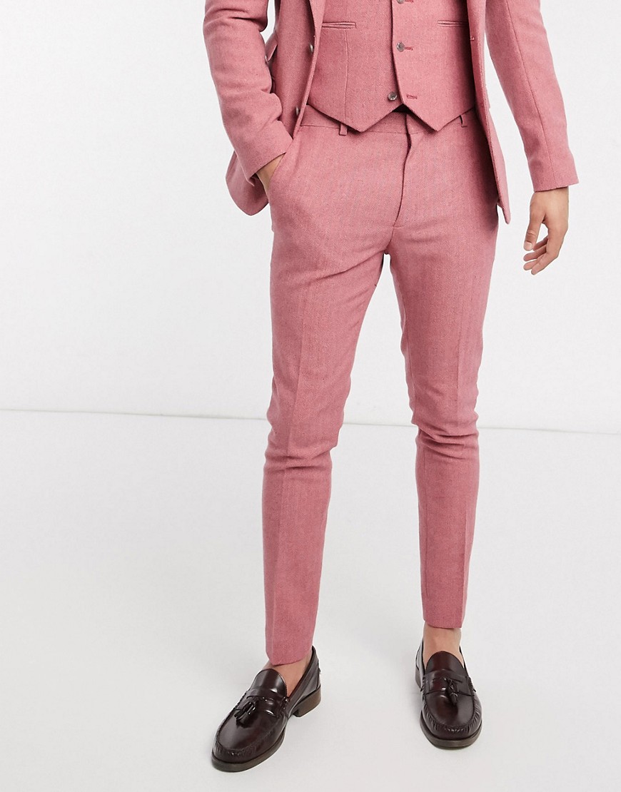 ASOS DESIGN wedding super skinny suit pants in rose pink wool blend herringbone