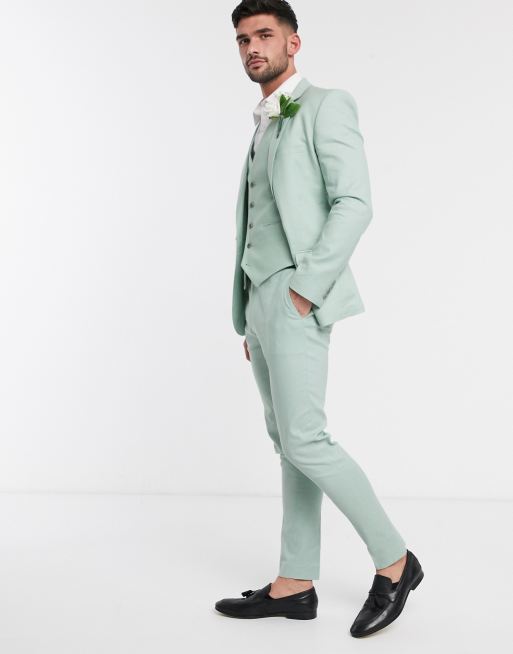 ASOS DESIGN wedding super skinny suit pants in stretch cotton linen in mint  green | ASOS