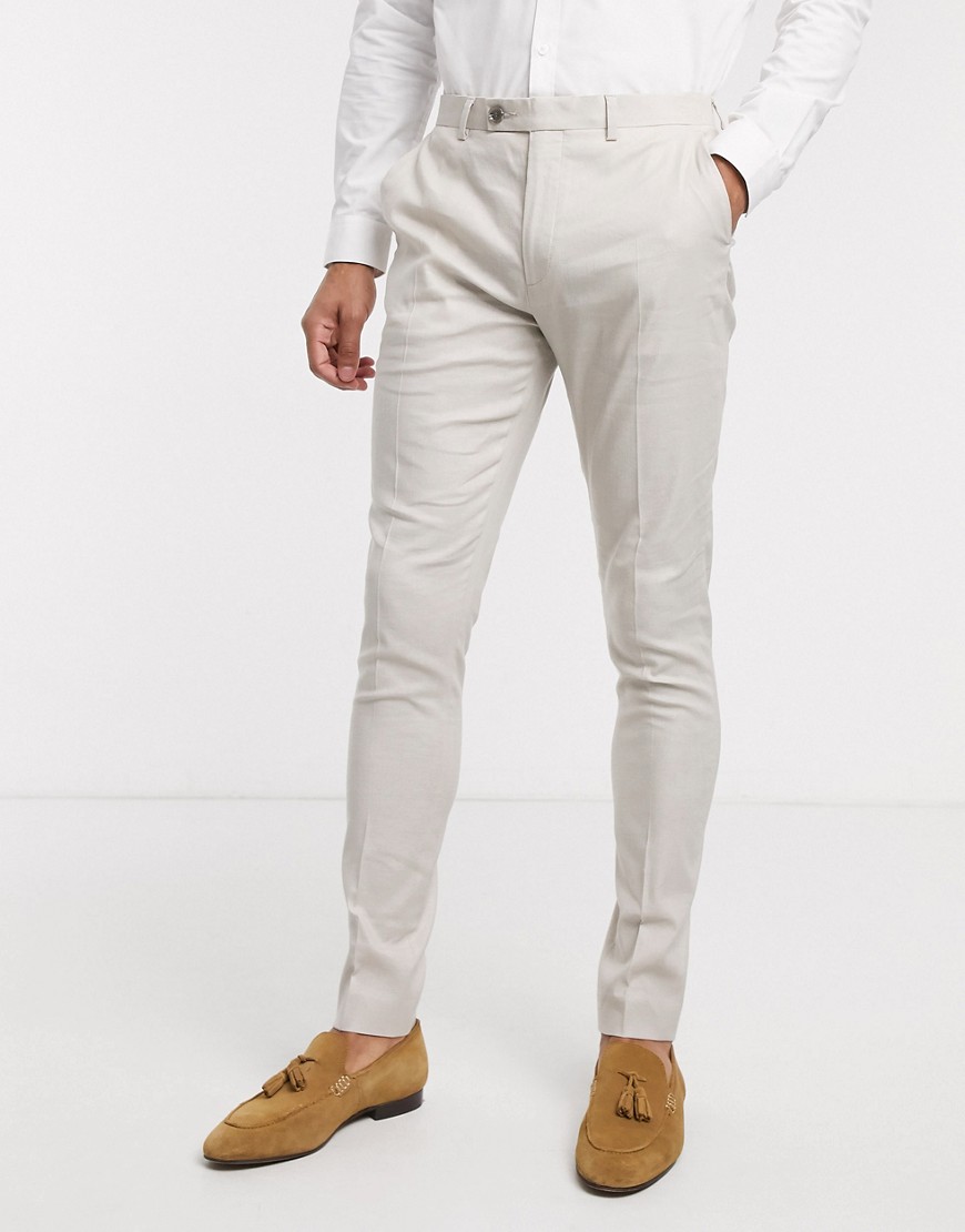 ASOS DESIGN wedding super skinny suit pants in stretch cotton linen in stone