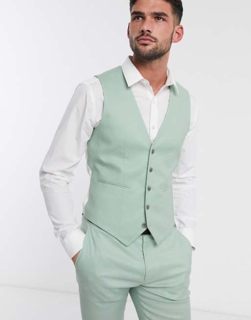 ASOS DESIGN wedding super skinny suit suit vest in stretch cotton linen in mint  green | ASOS