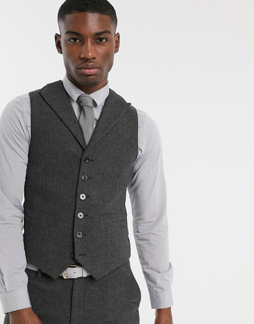 Asos Design Wedding Super Skinny Suit Suit Vest In Wool Mix Herringbone In Charcoal-gray
