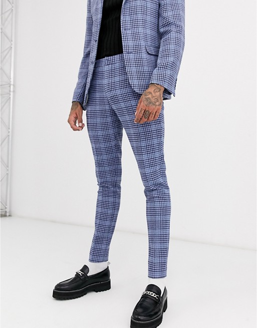 ASOS DESIGN wedding super skinny suit trouser in blue wool blend check