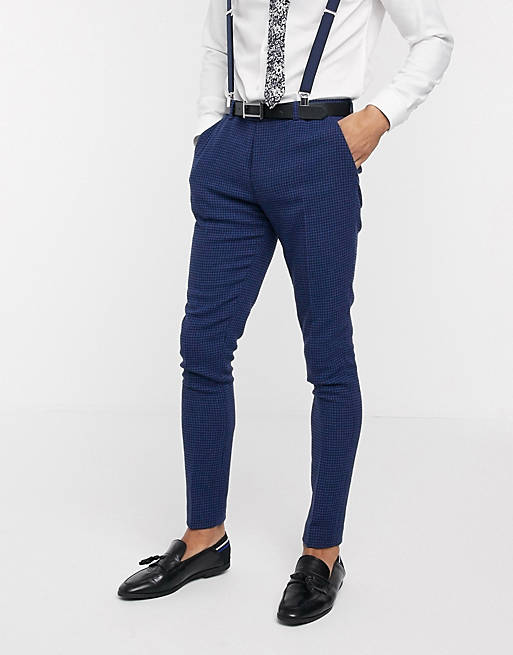 Suits wedding super skinny suit trousers in blue wool blend micro houndstooth 