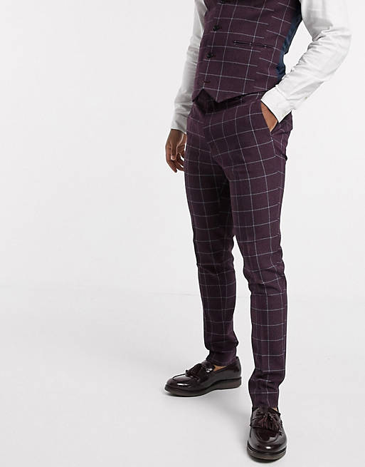 Suits wedding super skinny suit trousers in burgundy check 