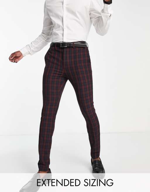 ASOS DESIGN wedding super skinny suit trousers in burgundy tartan