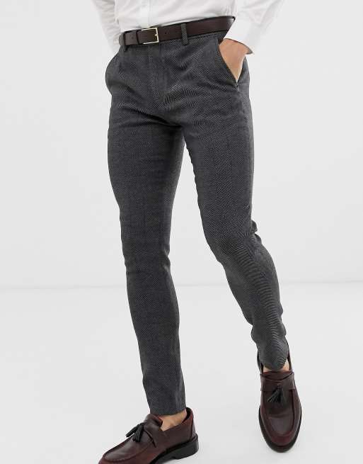 ASOS DESIGN wedding super skinny suit trousers in charcoal herringbone ...