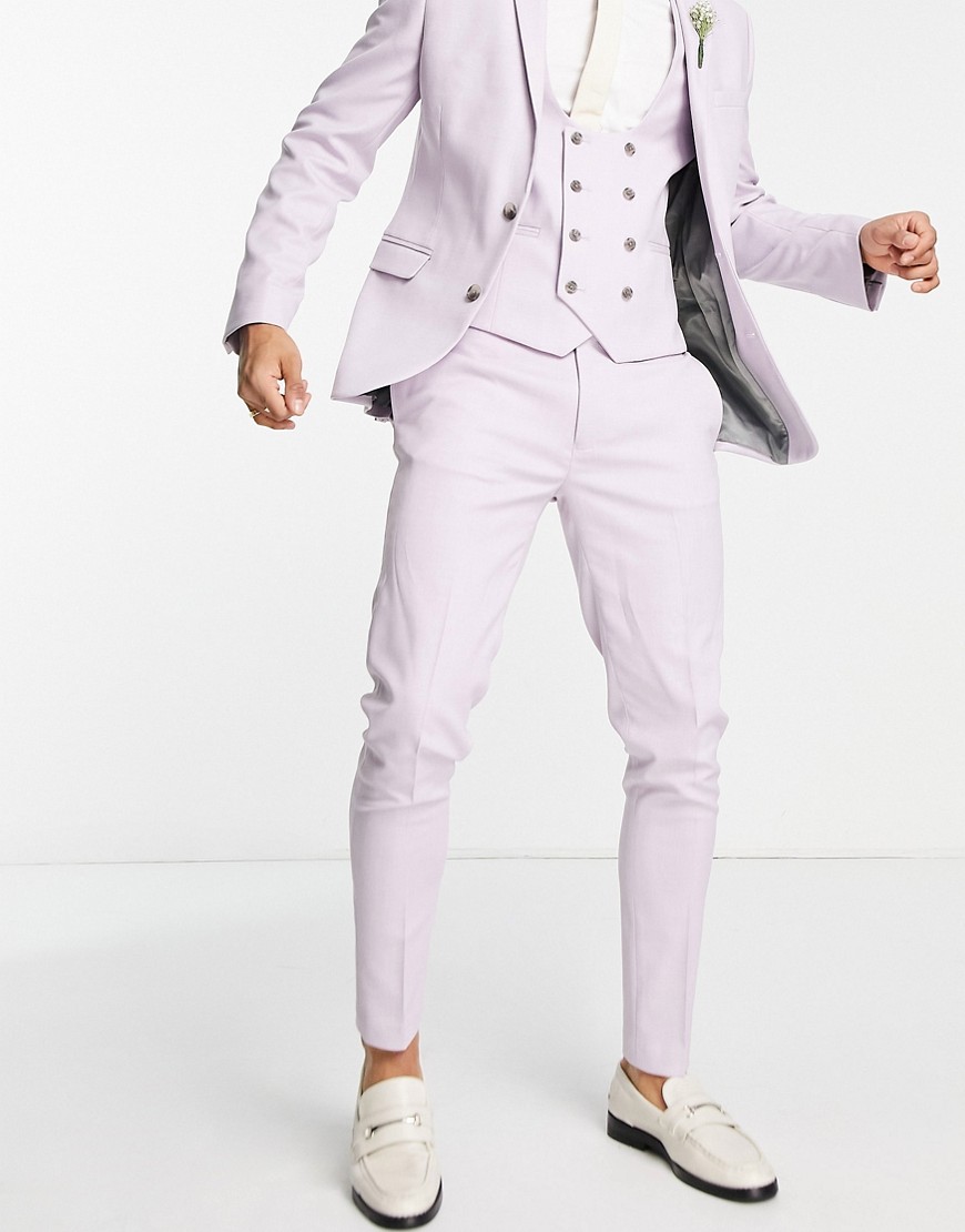 ASOS DESIGN wedding super skinny suit trousers in lavender frost micro texture-Pink