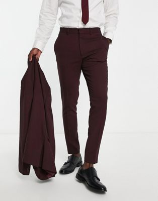 ASOS DESIGN wedding super skinny suit trousers in micro texture in burgundy