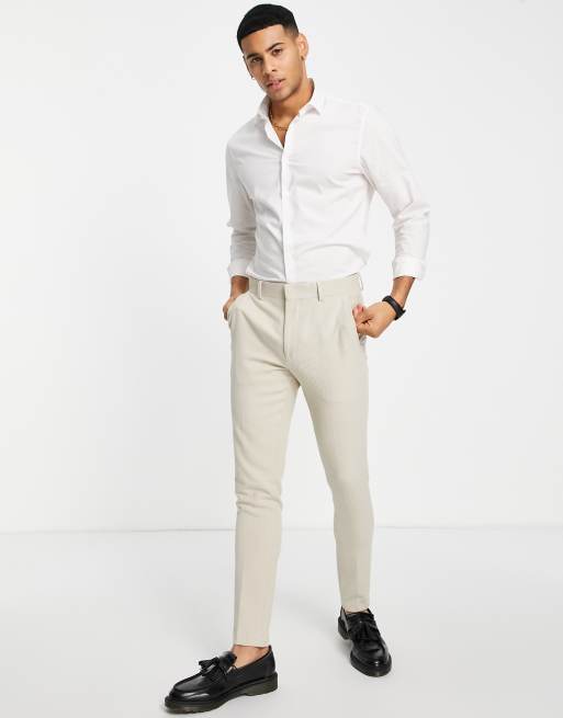 ASOS DESIGN wedding super skinny suit trousers in stone brushed twill ...