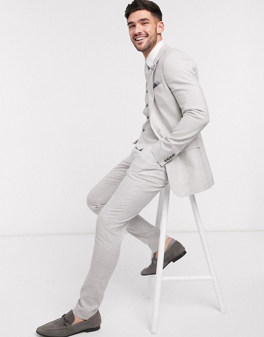 ASOS DESIGN wedding super skinny suit trousers in stretch cotton linen in grey check