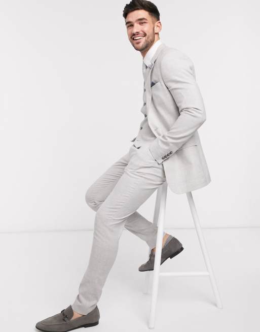 ASOS DESIGN wedding super skinny suit in stretch cotton linen in grey check, 3 of 3