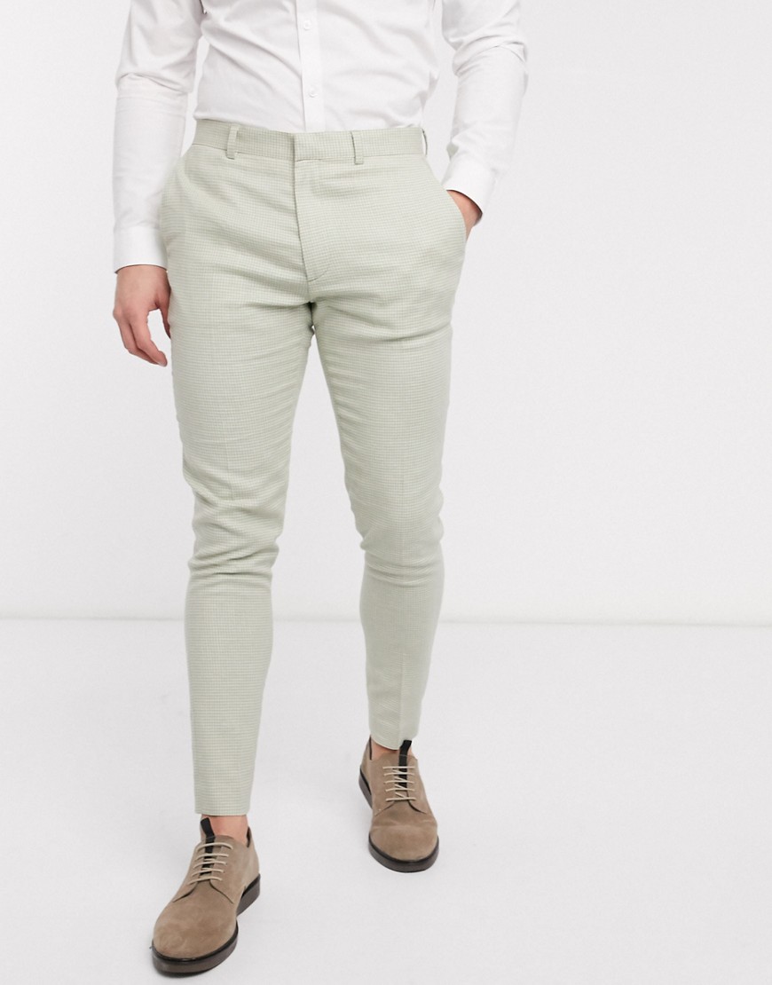 ASOS DESIGN wedding super skinny suit trousers in stretch cotton linen in mint houndstooth-Green
