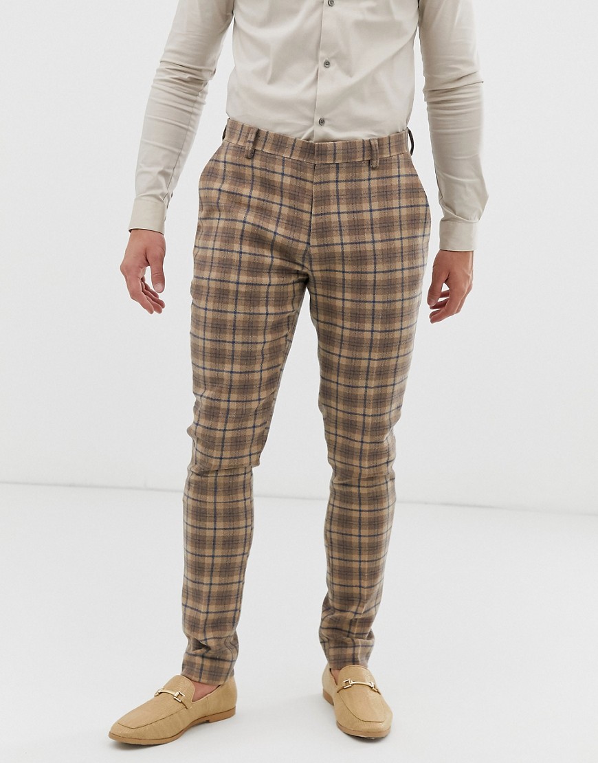 ASOS DESIGN wedding super skinny suit trousers in wool mix camel check-Beige
