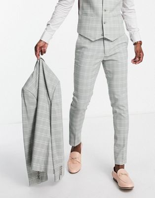ASOS DESIGN wedding super skinny suit trousers with window pane check in grey