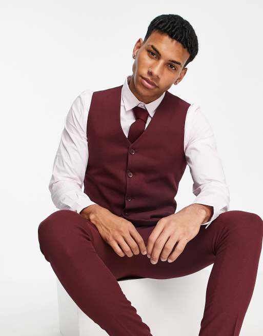 ASOS DESIGN wedding super skinny suit vest in burgundy micro texture