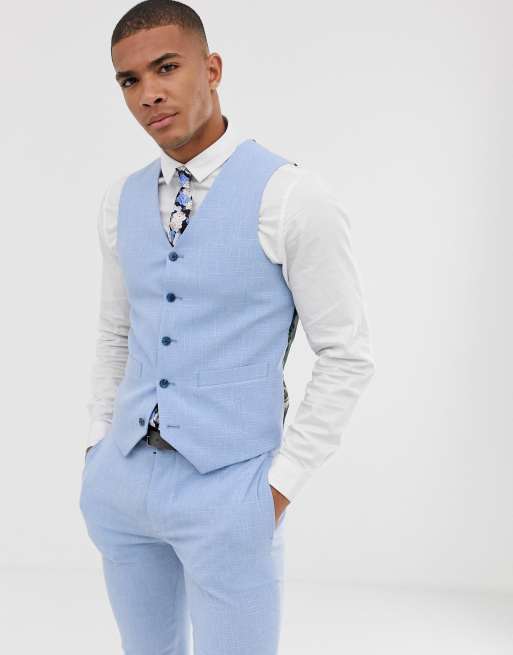 ASOS DESIGN wedding super skinny suit vest in light blue cross hatch | ASOS