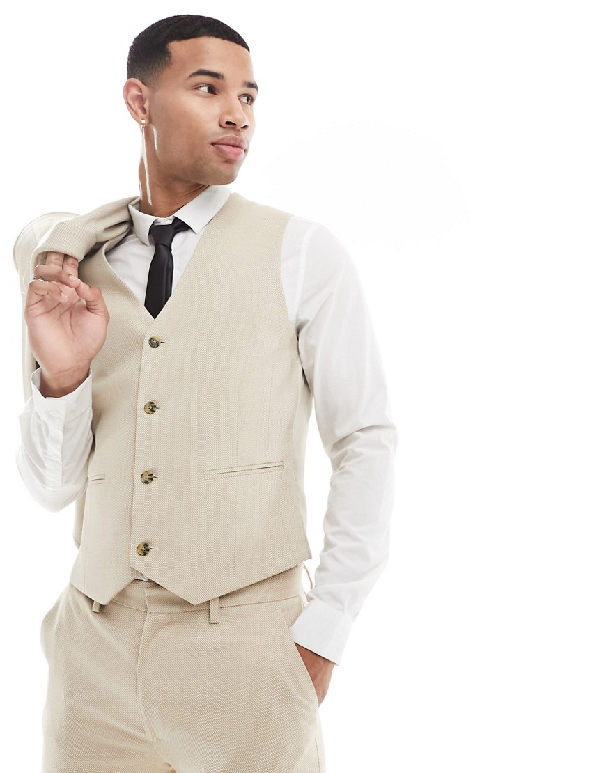 Asos Design Wedding Super Skinny Suit Vest In Linen Mix In Micro Texture In Stone-neutral