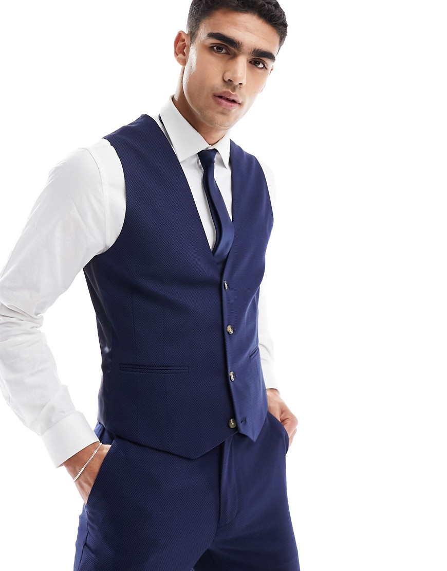 Asos Design Wedding Slim Suit Vest In Navy Microtexture